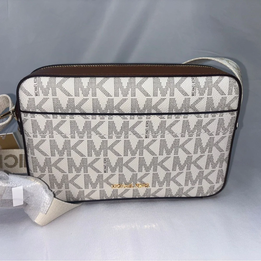 Michael Kors White and Brown Messenger Bag with Monogram Pattern